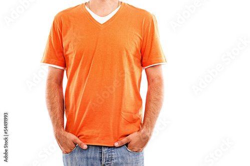 Closeup portrait of a man in orange t-shirt