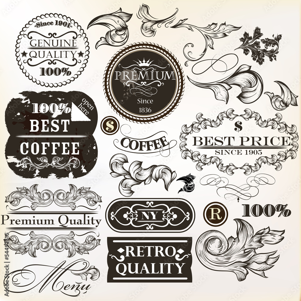 Vector set of decorative elements and labels in retro style