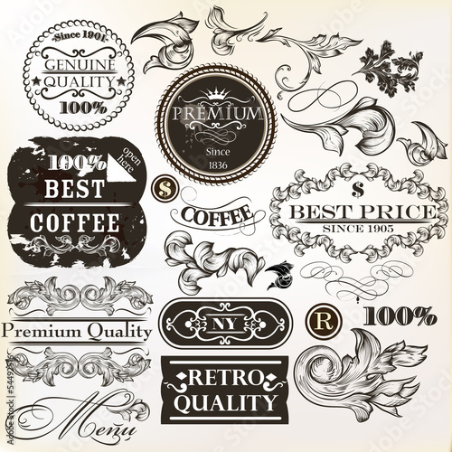 Vector set of decorative elements and labels in retro style