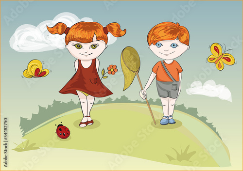 boy and the girl during school vacation on summer meadow