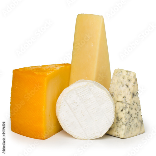 Assortment of different cheese types isolated on white