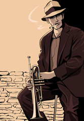 Wandcirkels Muziekband Trompettist in vintage jazzsfeer  © Isaxar