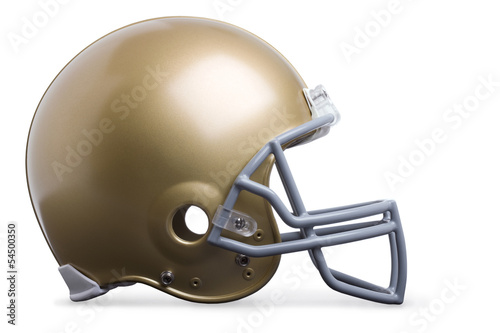 Gold football helmet in profile view isolated on a white backgro