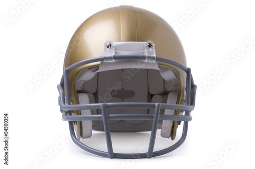 Gold football helmet in front view isolated on a white backgroun
