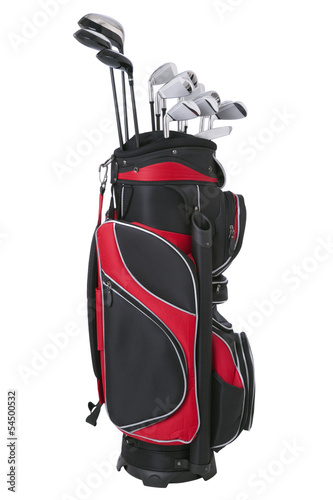 Red and black golf bag with clubs isolated on white