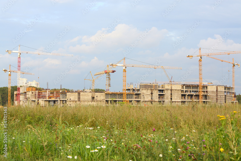 Construction of building with cranes on background of grass