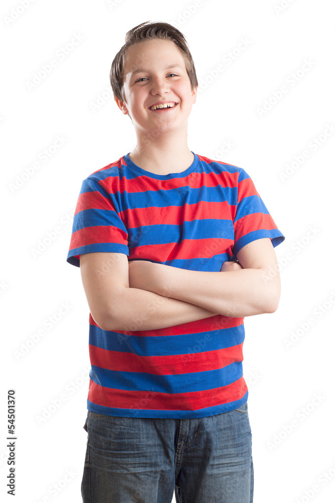 Fototapeta premium Teenage boy (Causian) waist up portrait, laughing