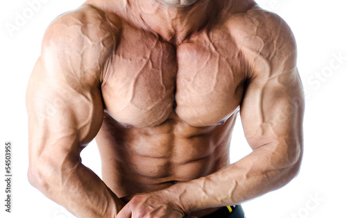 Muscular torso, and arms of male bodybuilder