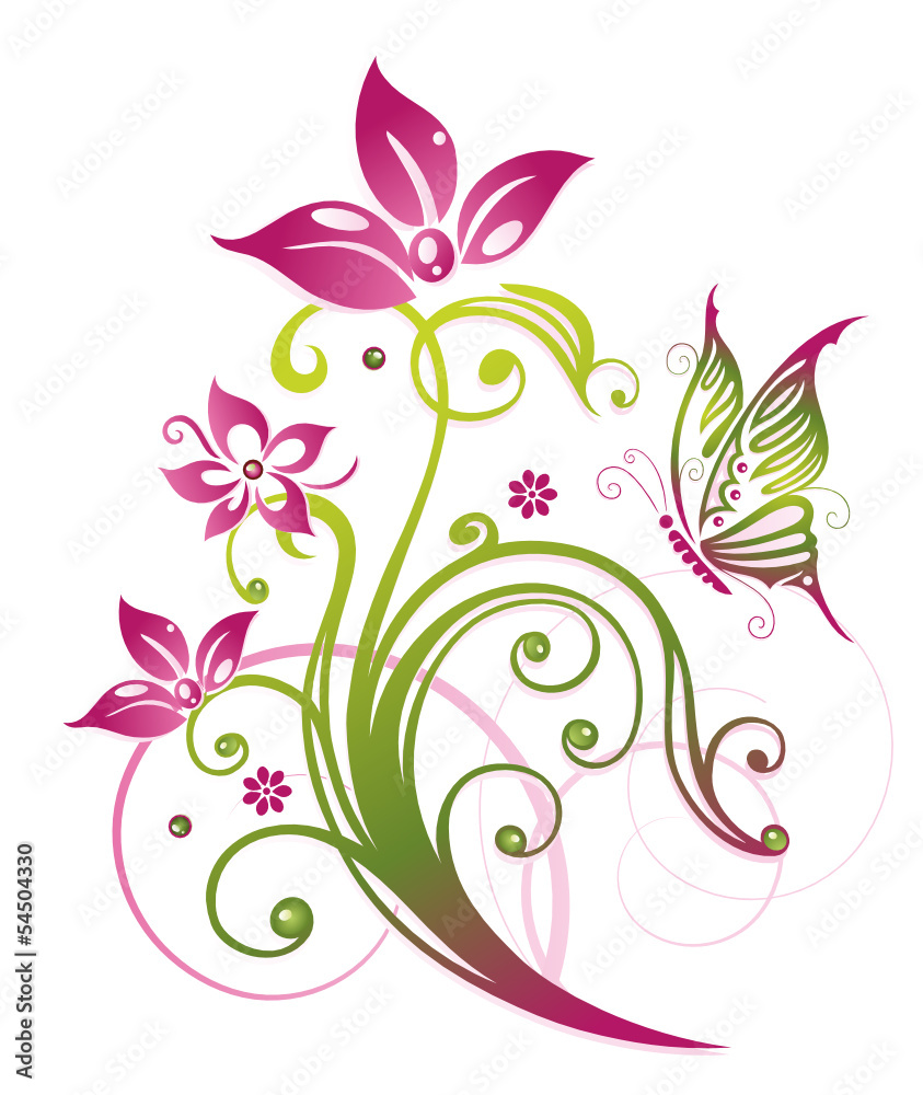 Ranke mit Blumen und Schmetterling. Sommer, grün, pink. Ranke mit Blumen und Schmetterling. Sommer, grün, pink.