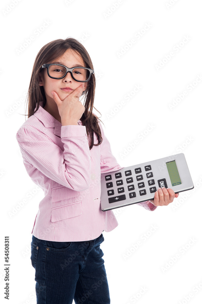 Cute Young Girl with Glasses and a Calculator. Cute Young Girl with Glasses and a Calculator.