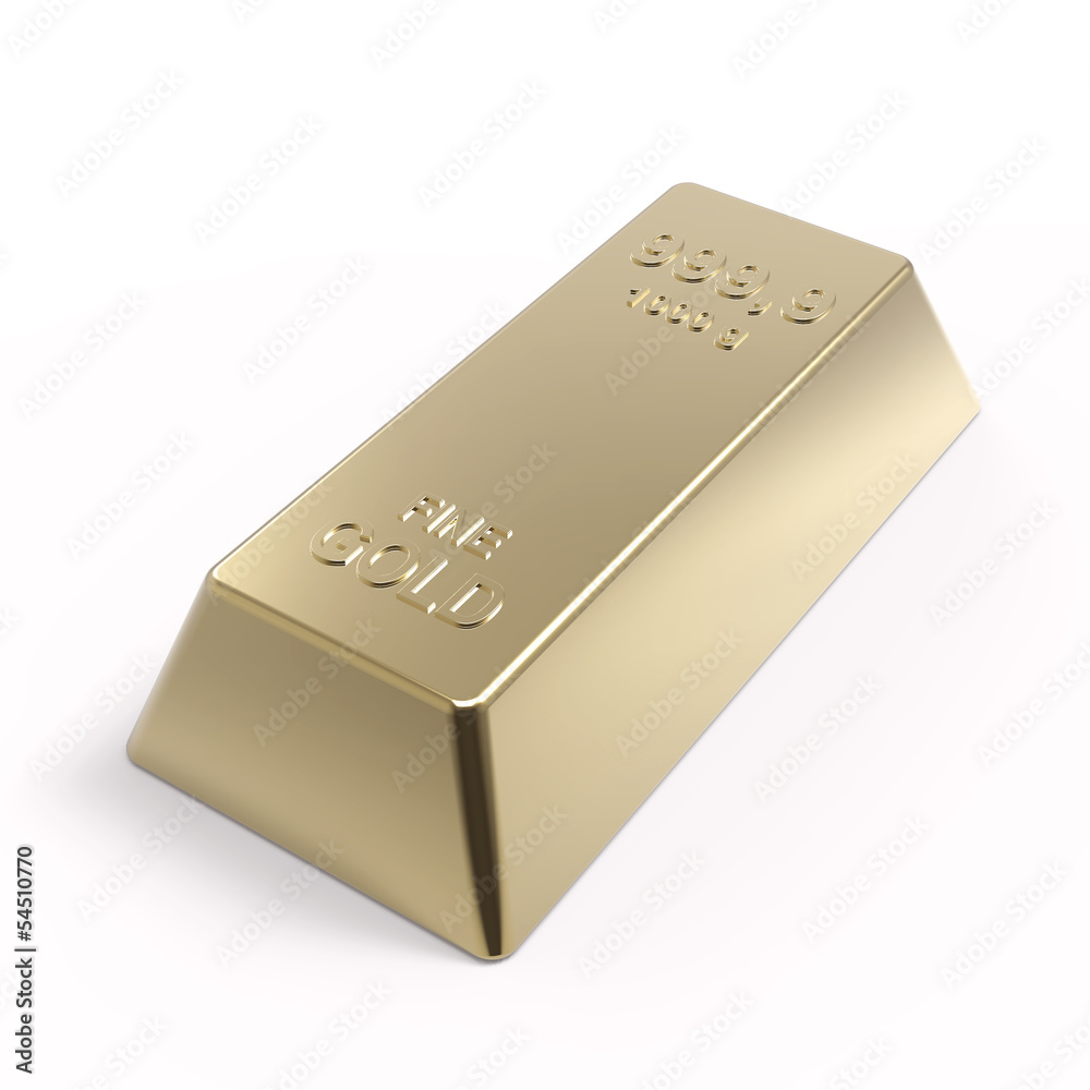Gold ingot isolated on white. 3D photo rendering.