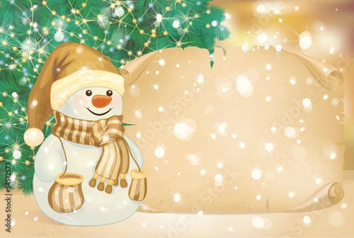 Vector of happy snowman on golden  background.