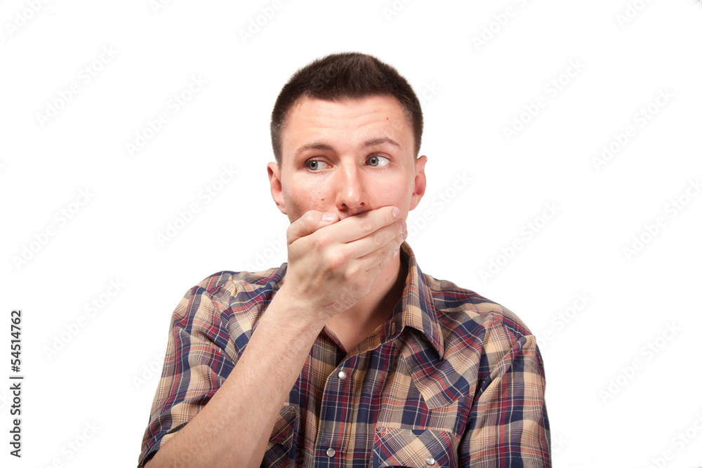 Man in plaid shirt with mouth closed Man in plaid shirt with mouth closed
