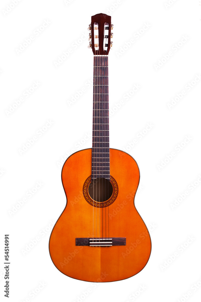Wooden acoustic guitar on a white background