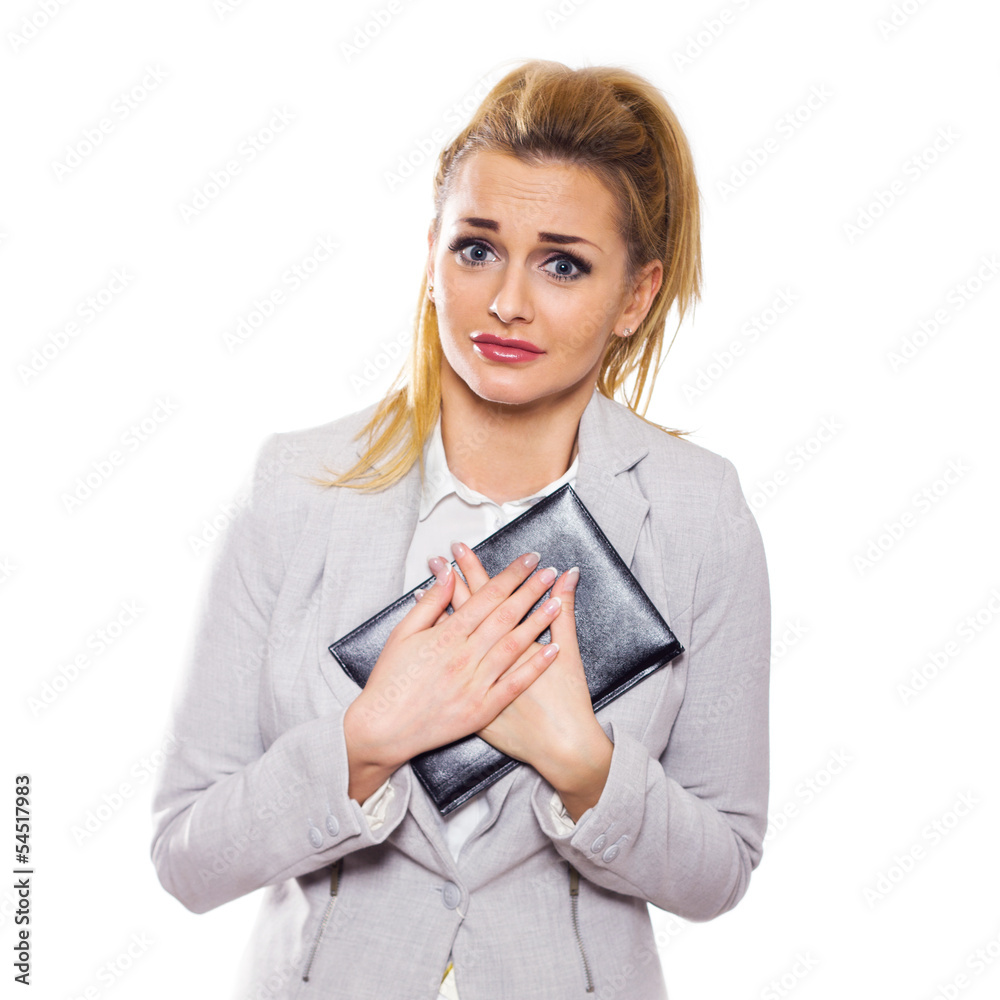 Scared businesswoman with notes. Isolated on white background. Scared businesswoman with notes. Isolated on white background.