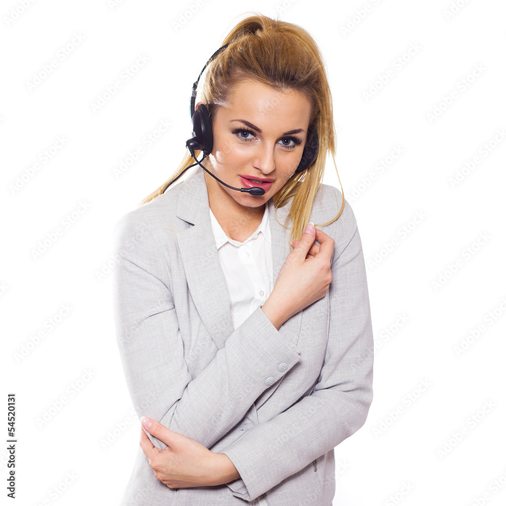 Beautiful blonde business woman with headset. Call center. Beautiful blonde business woman with headset. Call center.
