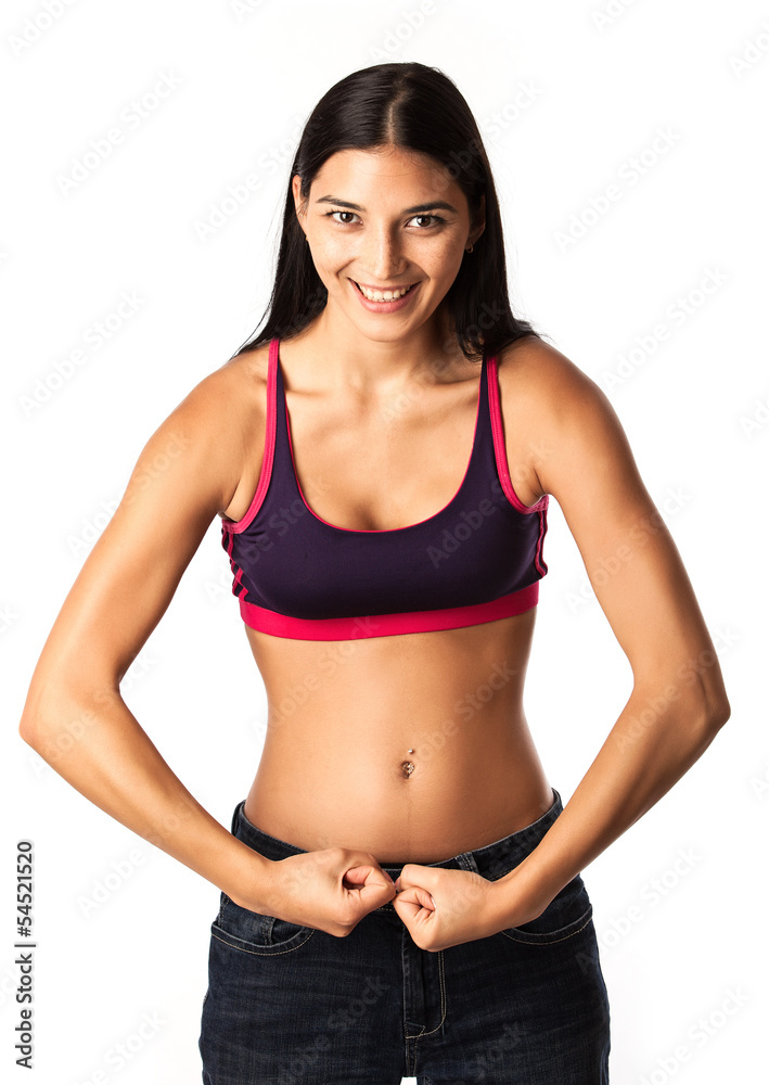 Cute fitness girl flexing muscles over white Cute fitness girl flexing muscles over white
