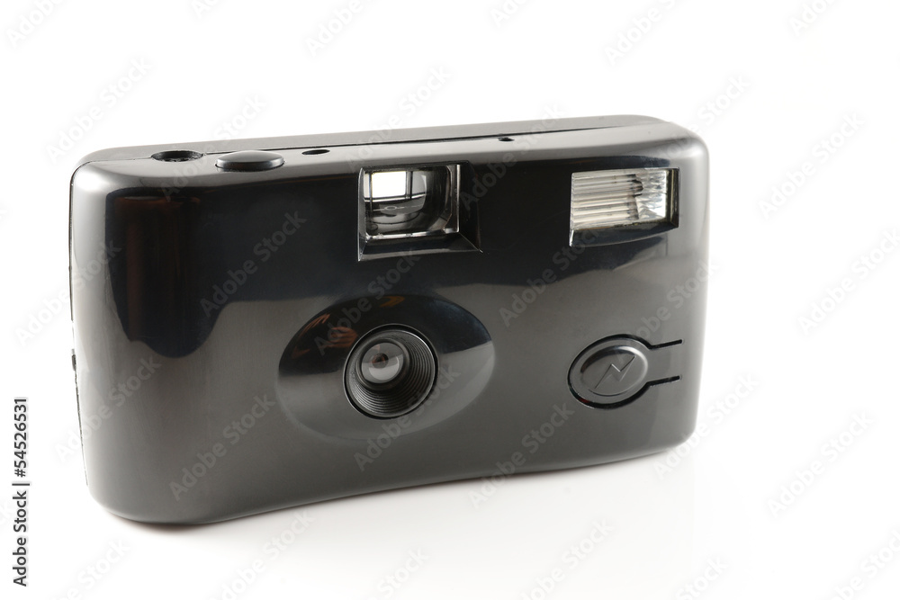 Black disposable camera in a white background. Black disposable camera in a white background.