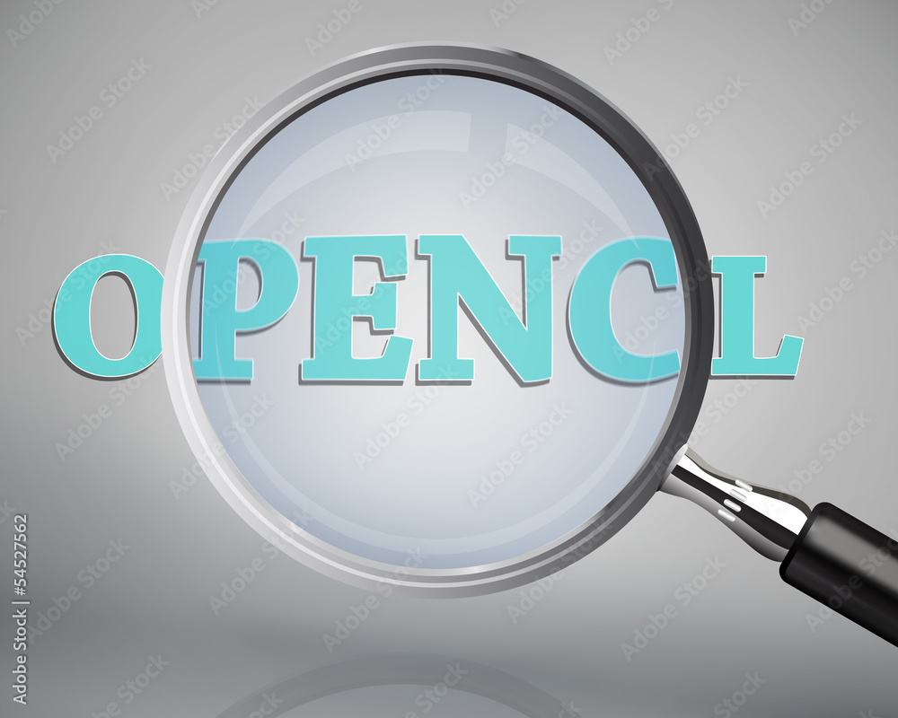 Magnifying glass showing opencl word Magnifying glass showing opencl word
