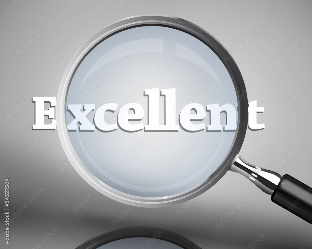 Magnifying glass showing excellent word in white Magnifying glass showing excellent word in white