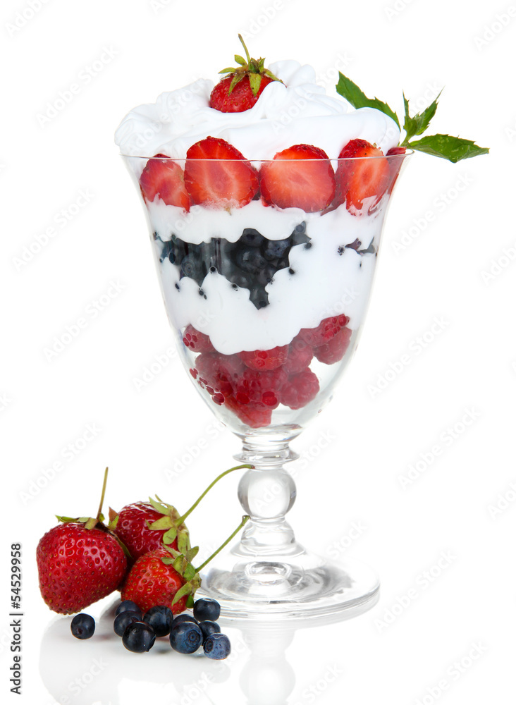Natural yogurt with fresh berries isolated on white Natural yogurt with fresh berries isolated on white