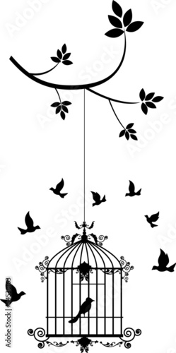 beauty tree silhouette with birds flying and bird in a cage