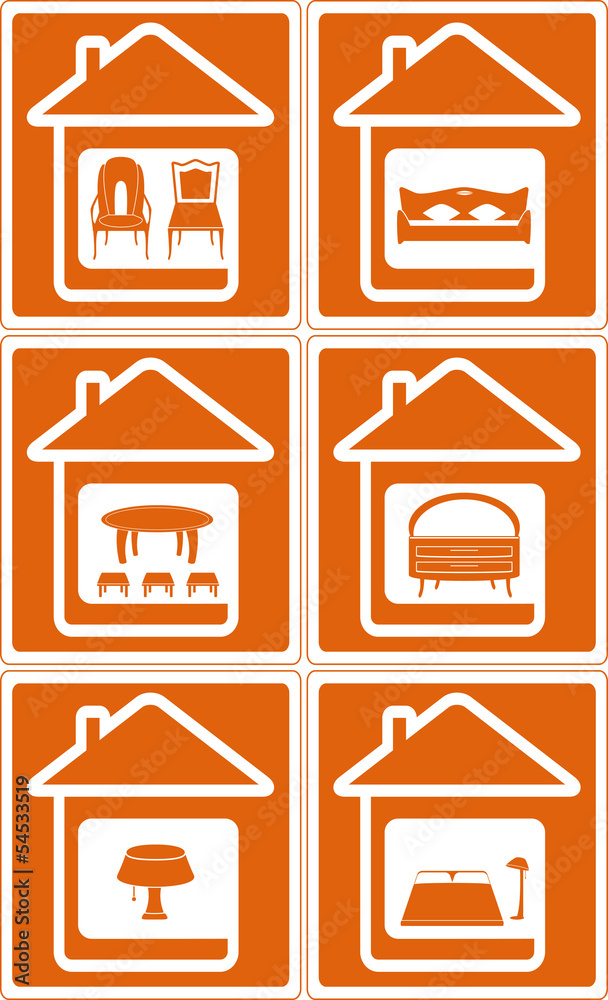 set house icon with furniture silhouette on screen set house icon with furniture silhouette on screen
