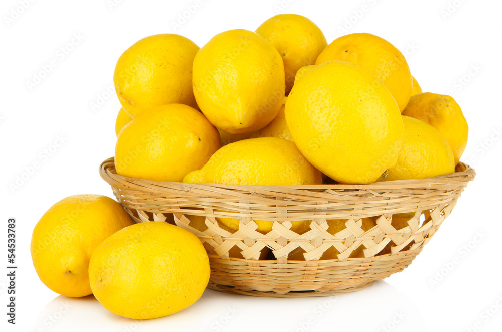 Ripe lemons in wicker basket isolated on white Ripe lemons in wicker basket isolated on white