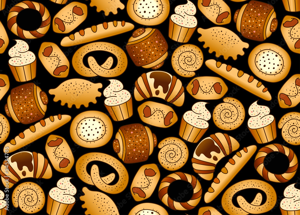 Bakery products on the black seamless background