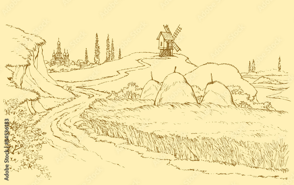 Vector landscape. Mill on the hill among wheat fields