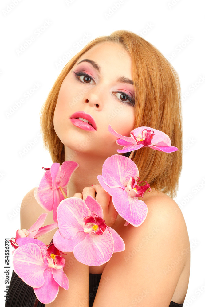 portrait of sexy young woman with pink orchid flower