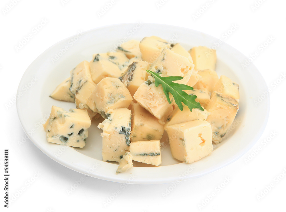 Tasty blue cheese on plate, isolated on white