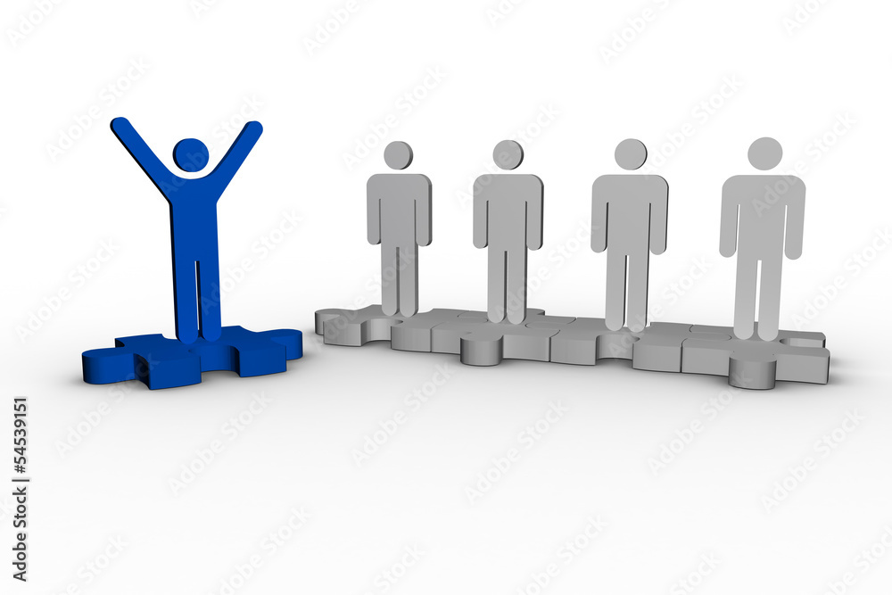 Blue human form raising arms over jigsaw piece next to other hum Blue human form raising arms over jigsaw piece next to other hum