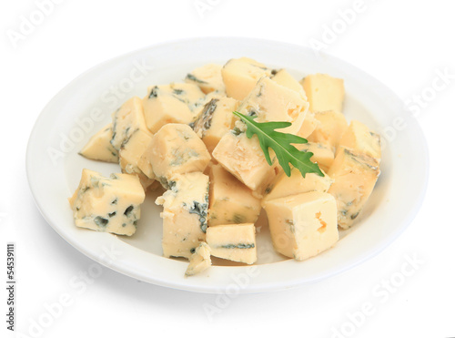 Tasty blue cheese on plate, isolated on white