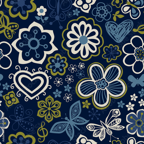 Seamless texture with flowers and butterflies. Endless floral pa