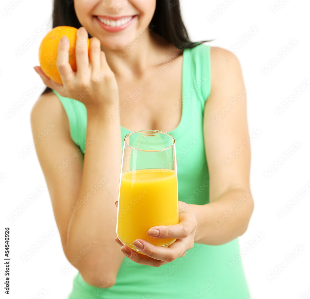 Girl with fresh juice and orange isolated on white Girl with fresh juice and orange isolated on white