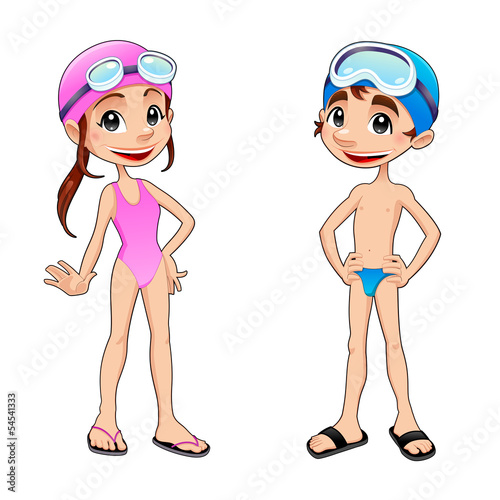 Boy and girl ready to swim.