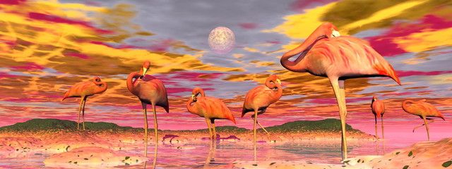 Flamingos by sunset - 3D render