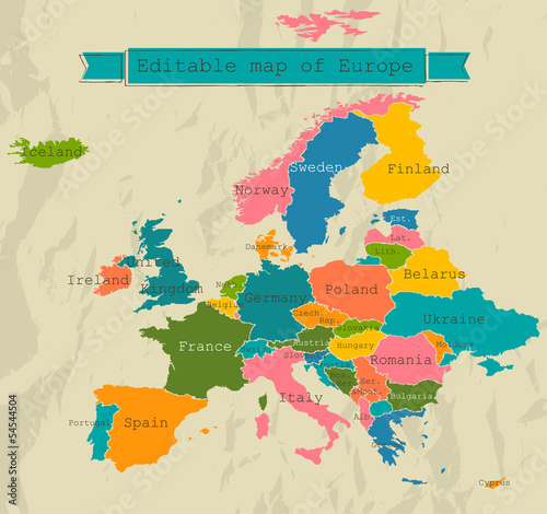 Editable map of Europe with all countries.