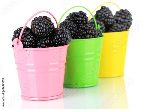 Sweet blackberries in buckets isolate on white