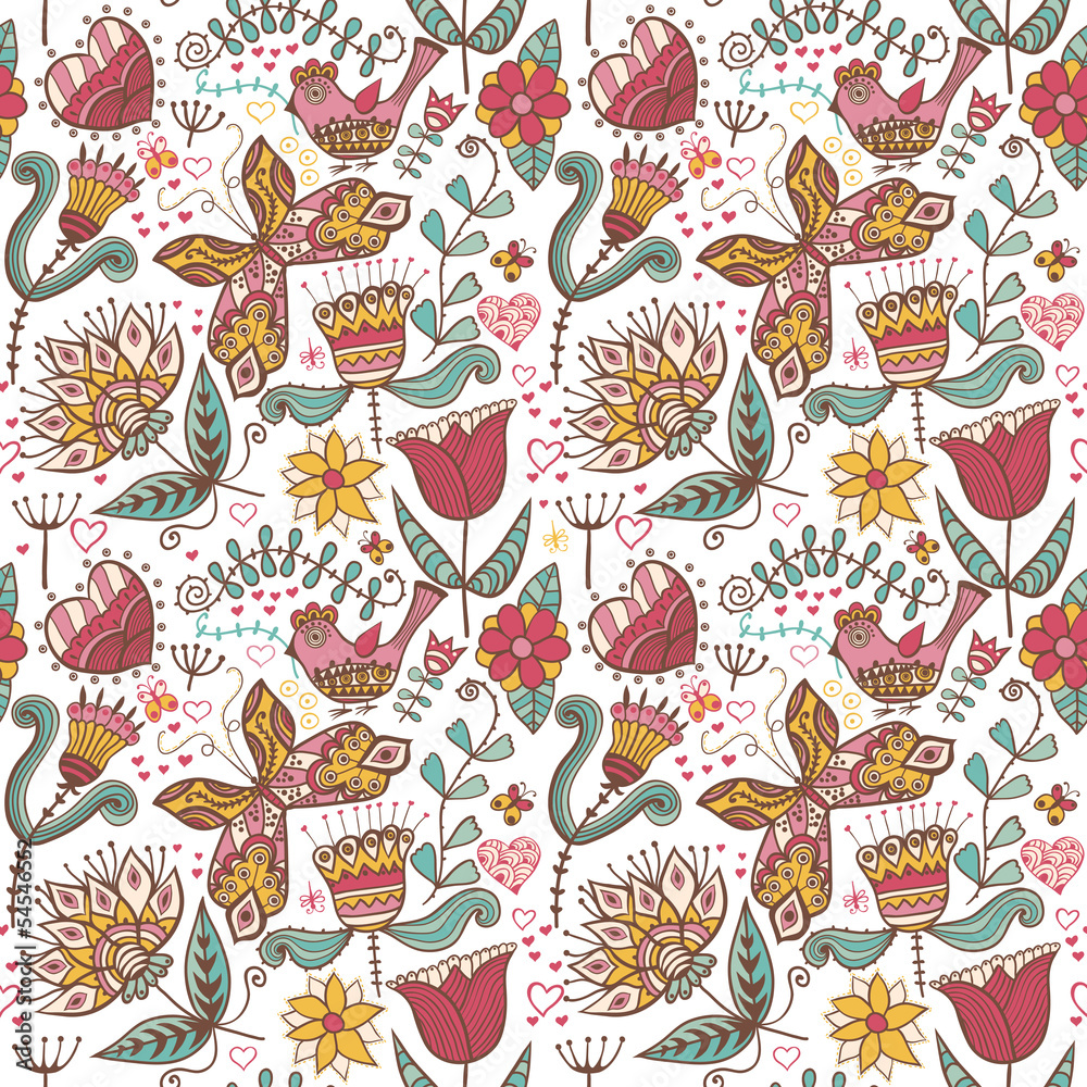 Obraz premium Seamless texture with flowers, birds and butterflies. Seamless p