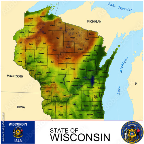 Wisconsin USA counties name location map background photo