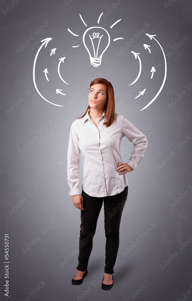 Pretty lady thinking with arrows and light bulb overhead Pretty lady thinking with arrows and light bulb overhead