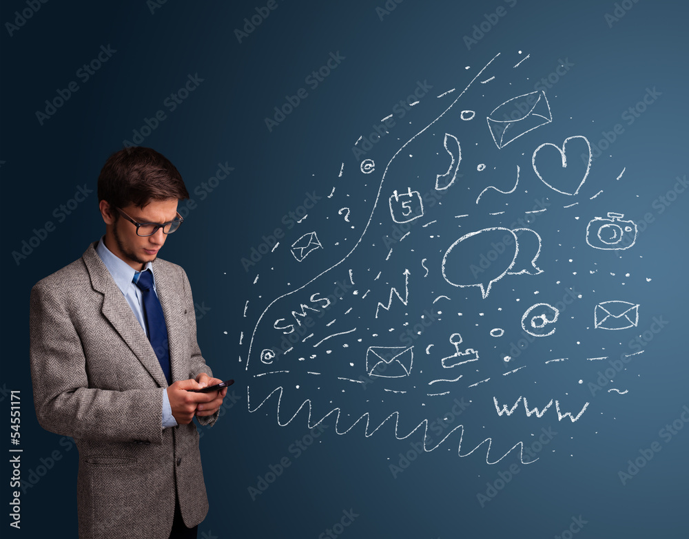 Boy typing on smartphone with various modern technology icons Boy typing on smartphone with various modern technology icons