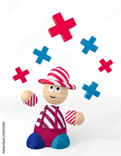 Illustration of a happy cross sign juggled by a clown
