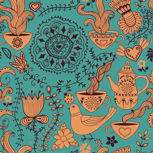 Seamless texture with flowers, birds and butterflies. Seamless p