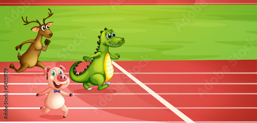 A pig, a crocodile and a deer running