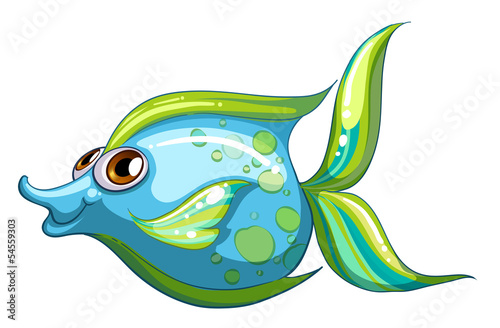 A big blue fish with a stripe-colored tail