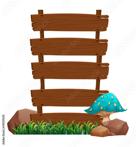 A blue mushroom beside the empty wooden boards