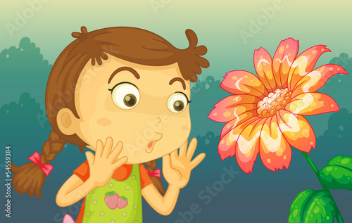 A girl shocked by a giant flower